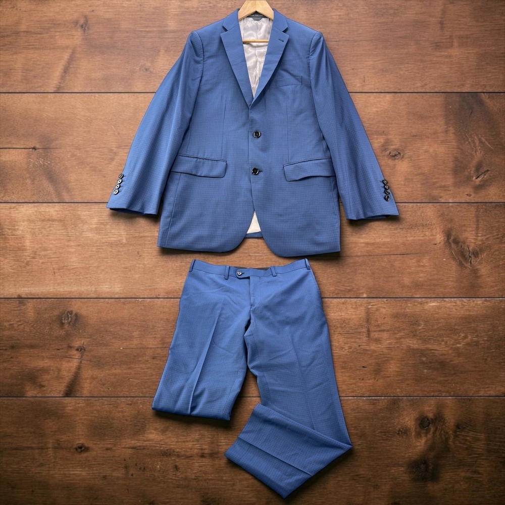Indochino Mens 100% Wool 2 Piece Suit Slim Fit Blue Check 40R 32x30 Surgeon Cuff
